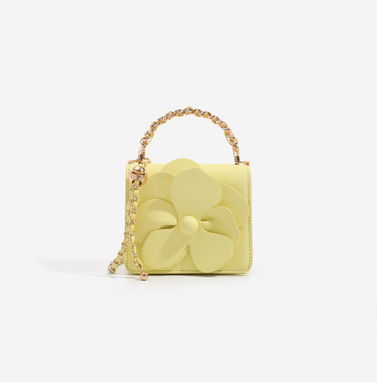 Yellow 3D flower decor mini crossbody bag with luxury gold metal chain handle