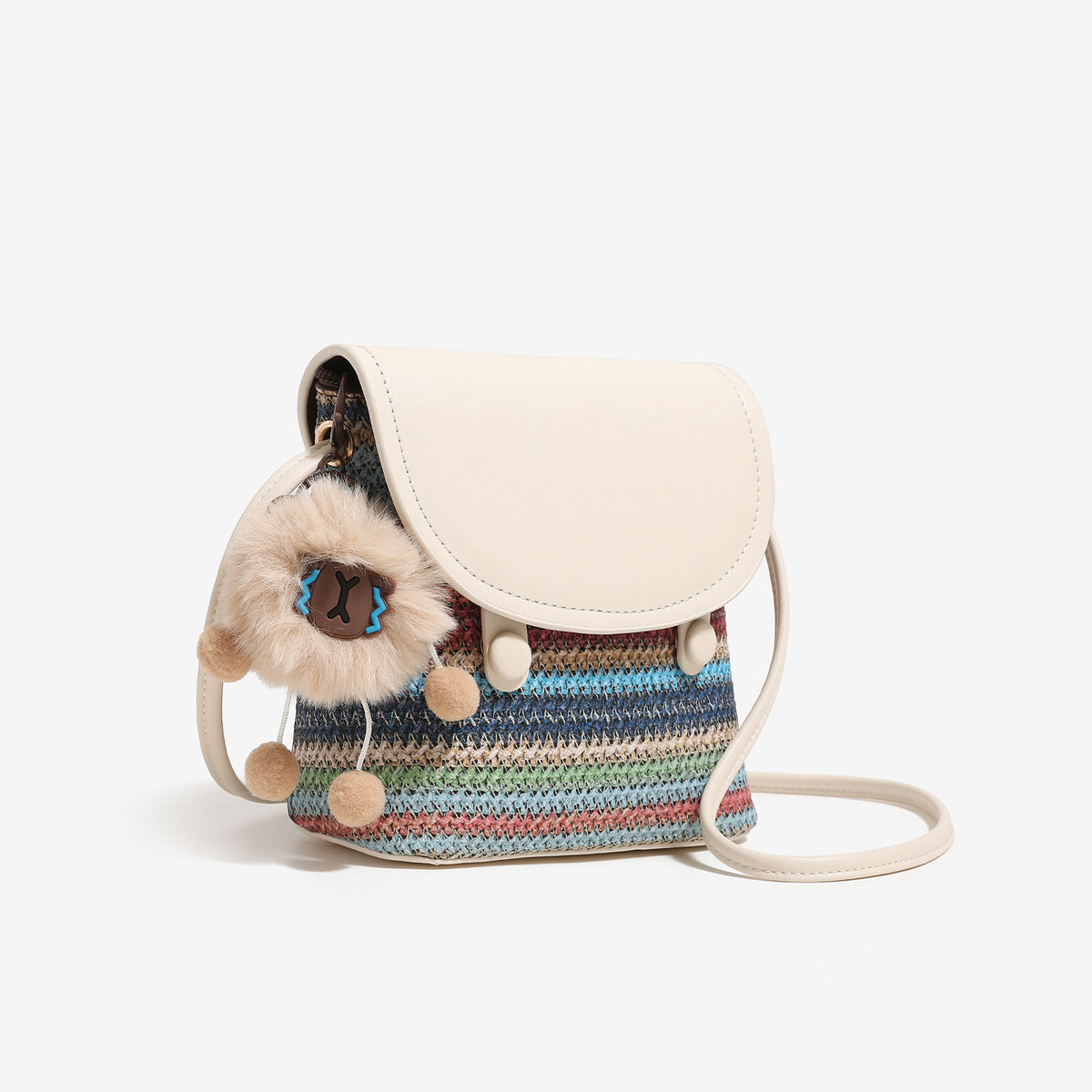 Mini Boho fluffy crossbody bag with colorful woven texture and cute lion charm.