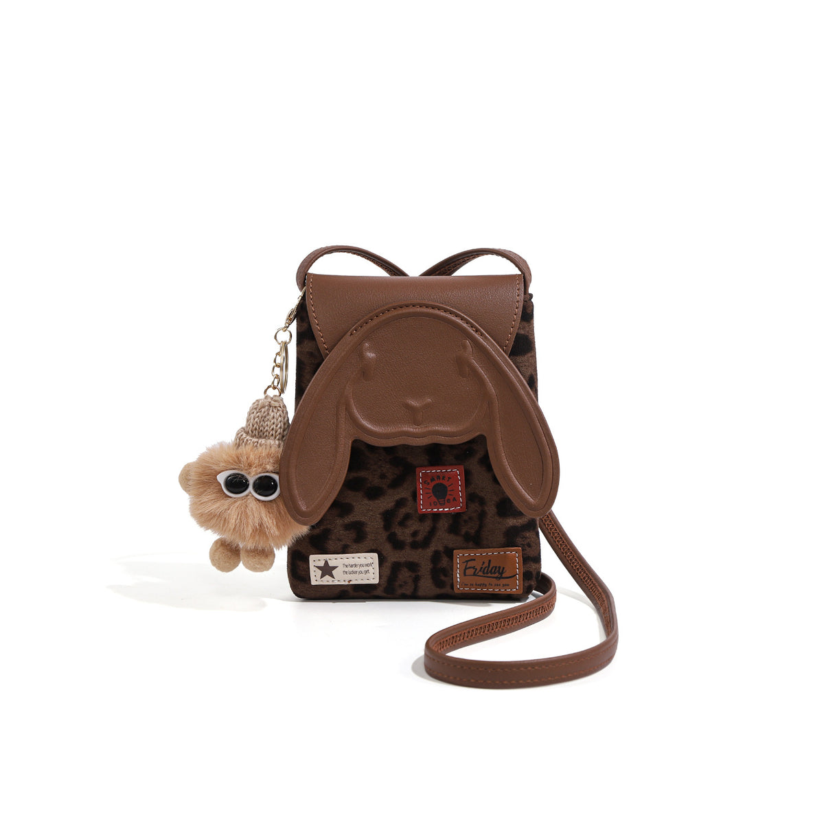 Vintage leopard print mini crossbody bag with bunny ears and fluffy charm