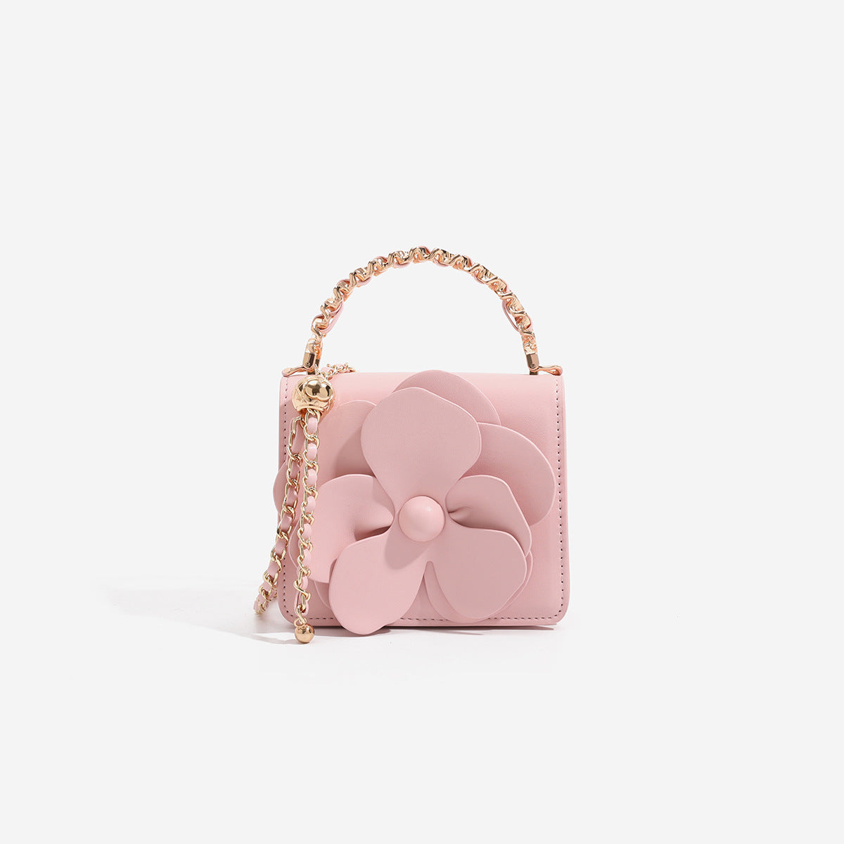 Pink 3D flower decor mini crossbody bag with luxury gold metal chain handle for women.