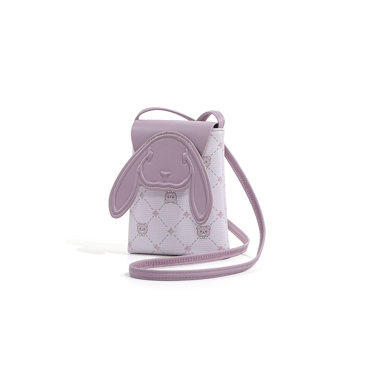 Light purple bunny ear mini crossbody bag with a patterned finish and adjustable strap.